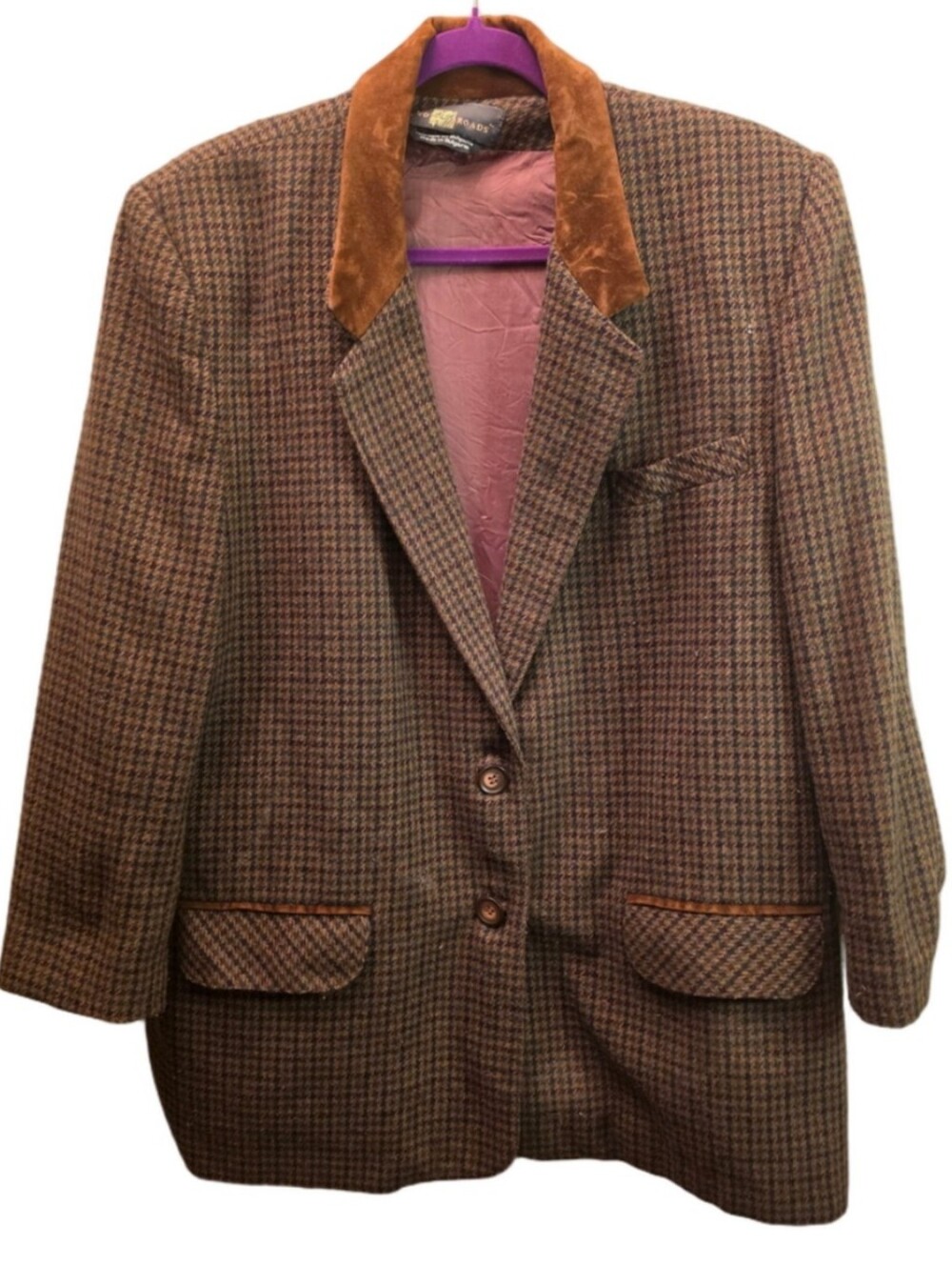 Vintage Two Roads Wool Blend Houndstooth Equestrian Blazer Suede Collar